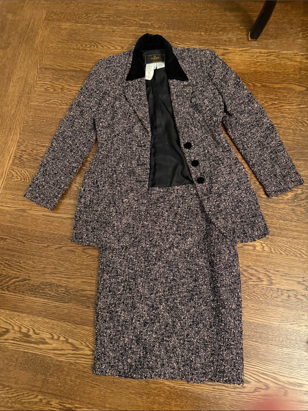 Fendi Black Velvet Collar Tweed Skirt Suit - Purple Speckled - 1990s vintage